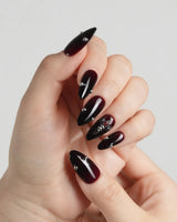 The Curse press-on nails — red to black gradient glossy chrome studs gothic cross charm handmade nail art by Joyee Nails