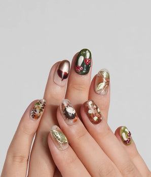 Autumn Tales press-on nails with woodland hedgehog, mushroom accents and handmade fall nail art