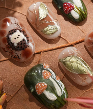 Autumn Tales handmade press-on nails featuring Autumn Forest, 3D Hedgehog & Mushroom Wonderland.