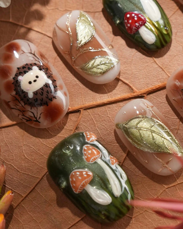 Hedgehog and mushroom short oval press on nails with forest theme