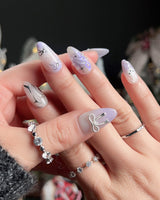 Icy Miffy-Purple press-on nails — Dreamy Purple, 3D Bunny & Silver Wire Bows. handmade nail art by Joyee Nails