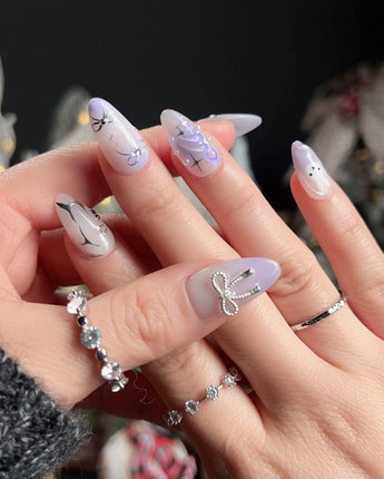 Icy Miffy-Purple press-on nails — Dreamy Purple, 3D Bunny & Silver Wire Bows. handmade nail art by Joyee Nails