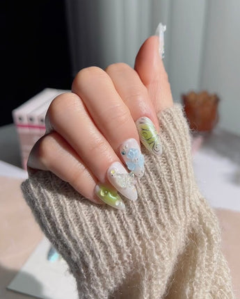 Lotus Breeze press-on nails — Pearly and 3D Sculpted Florals handmade nail art by Joyee Nails