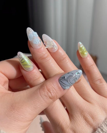 Lotus Breeze press-on nail set — Pearly and 3D Sculpted Florals design, hand-painted with real gel polish