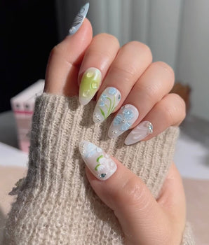 Lotus Breeze handmade press-on nails featuring Pearly and 3D Sculpted Florals