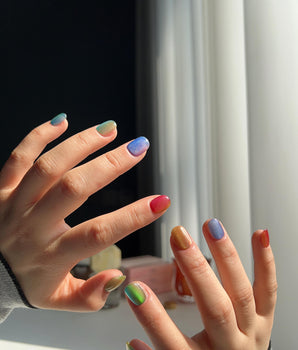 Colored Stone press-on nail set — Colorful Cat Eye Nails design, hand-painted with real gel polish