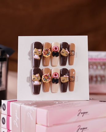 Cocoa Kitty Brown Color in long coffin shape with chocolate brown dessert-inspired 3D art
