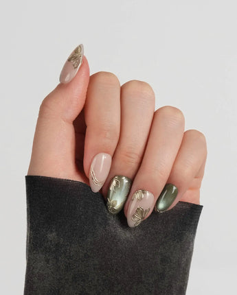 Gilded Ivy press-on nails — Elegant Morandi Green, Metallic