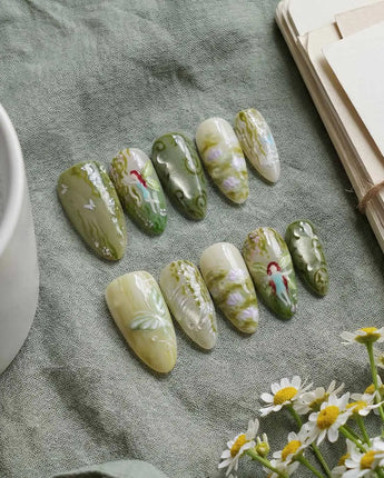 Emerald Wild nail art close-up showing Mori Monet's Garden, Hand-painted Forest Fairies & 3D Water Droplets. details