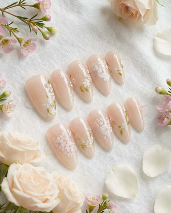 First Vow nail art close-up showing Gentle Milk Tea Nude, Hand-painted White Florals & Pearl Accents. details