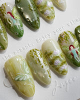 Emerald Wild handmade press-on nails featuring Mori Monet's Garden, Hand-painted Forest Fairies & 3D Water Droplets.