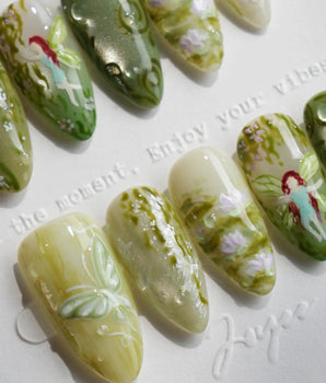 Emerald Wild handmade press-on nails featuring Mori Monet's Garden, Hand-painted Forest Fairies & 3D Water Droplets.