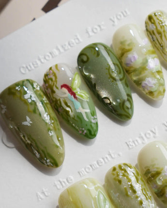 Emerald Wild nails — Mori Monet's Garden, Hand-painted by Joyee Nails