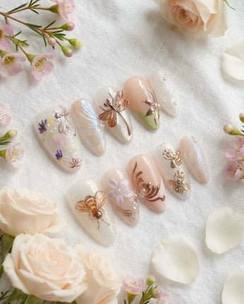 Dew Wing press-on nails — Dreamy Night, Metallic Relief Dragonflies & Fluid Butterfly Wings. handmade nail art by Joyee Nails