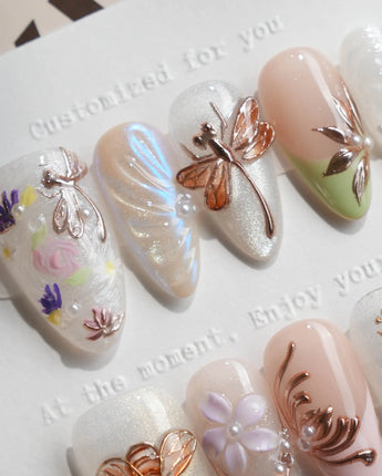 Dew Wing press-on nails — Dreamy Night, Metallic Relief Dragonflies & Fluid Butterfly Wings. handmade nail art by Joyee Nails
