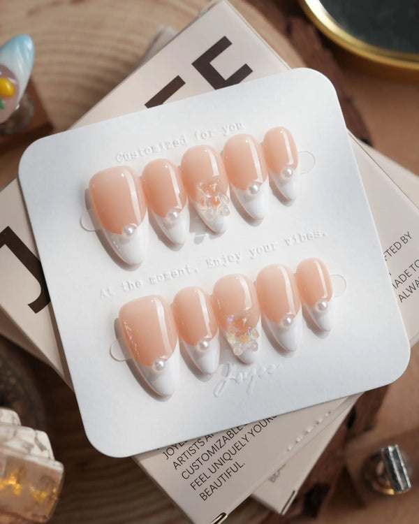 Cute French Tip Nails handmade press-on nails featuring french tip nails with pearls and teddy bear charm