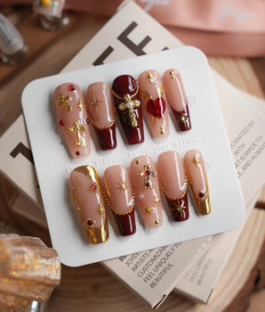Gothic Red press-on nails — Ornate Gothic Style, 3D Metallic Crosses & Burgundy Red. handmade nail art by Joyee Nails