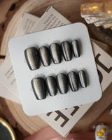 Black Cat-eye press-on nails — black cat eye handmade nail art by Joyee Nails