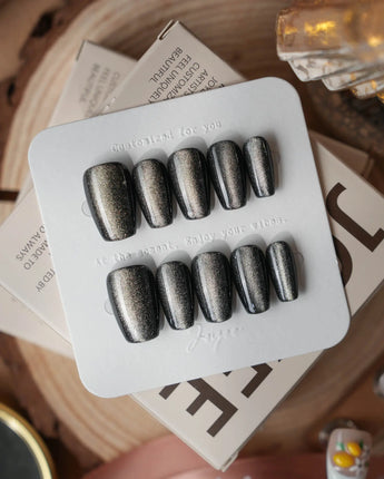 Black Cat-eye press-on nails — black cat eye handmade nail art by Joyee Nails