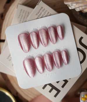 Soft Romance press-on nail set — rose pink cat eye magnetic shimmer nails design, hand-painted with real gel polish