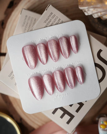 Soft Romance press-on nail set — rose pink cat eye magnetic shimmer nails design, hand-painted with real gel polish