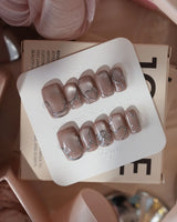 Chrome lines press-on nails — Cool-toned Silver Grey Cat Eye, Liquid Metal Lines & 3D Heart. handmade nail art by Joyee Nails