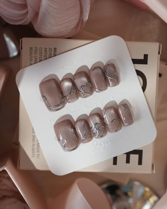 Chrome lines press-on nails — Cool-toned Silver Grey Cat Eye, Liquid Metal Lines & 3D Heart. handmade nail art by Joyee Nails