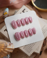 Glowing Stone - New Edition press-on nails — Gentle Rose Cat Eye, Simple Silver Outlines. handmade nail art by Joyee Nails
