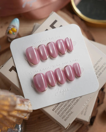 Glowing Stone - New Edition press-on nails — Gentle Rose Cat Eye, Simple Silver Outlines. handmade nail art by Joyee Nails