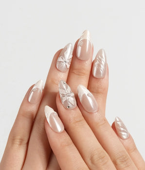 Satin Dress press-on nail set — nude pink pearl sheen 3D floral ribbon embossed design, hand-painted with real gel polish