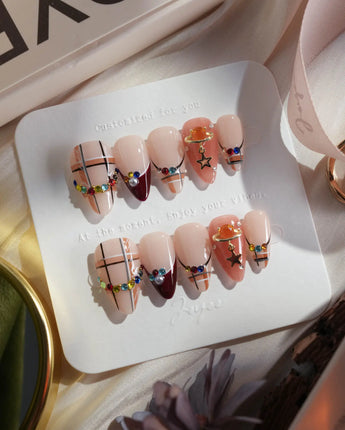 Cozy Plaid press-on nails — British Plaid, Colorful Rhinestone & Planet Charm. handmade nail art by Joyee Nails