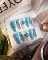 Frozen Dream press-on nails — ice blue ombre silver chrome snowflake charm handmade nail art by Joyee Nails