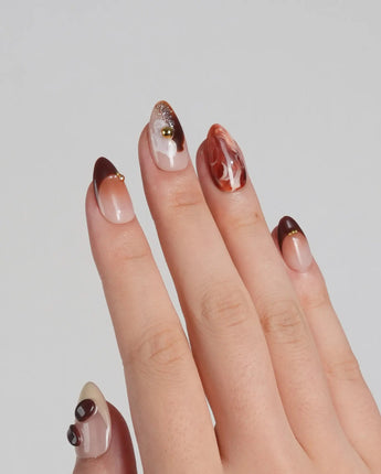 Latte Coffee press-on nails with warm coffee brown marble and raised coffee bean nail art