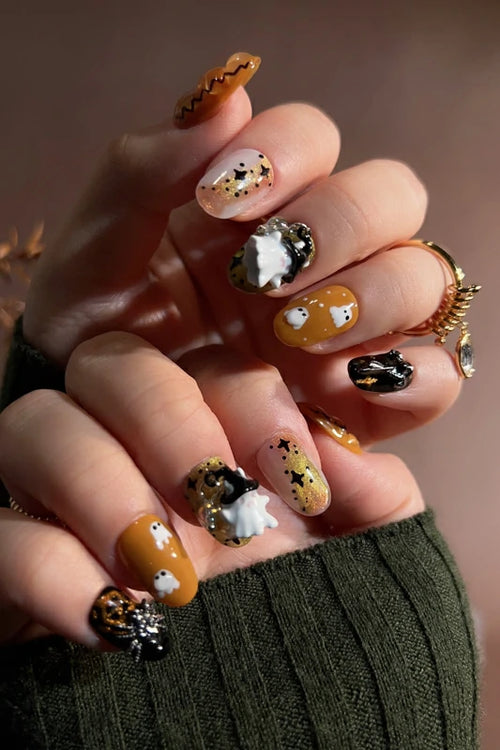 2. Joyeenails Handmade - Ensemble d'ongles à coller « Fantôme Bibi » mignon