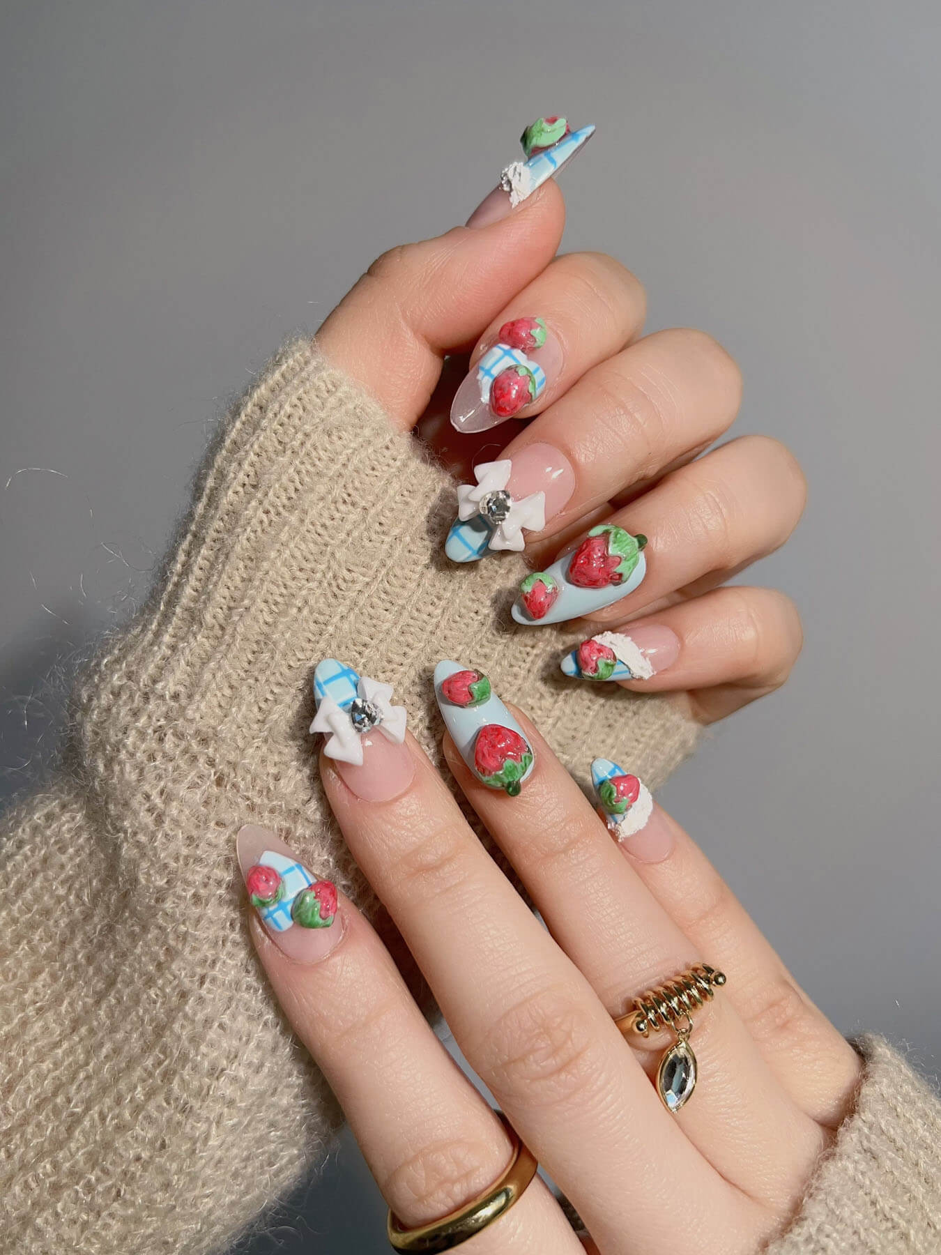 Handmade- nude and ice blue winter fusion red strawberries and bows combination of 3d press on nails