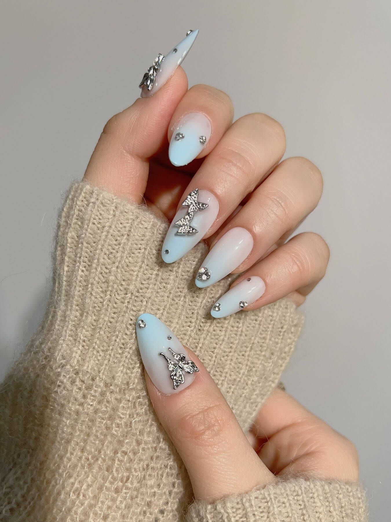 Handmade- light blue gradient metallic butterfly press on nails