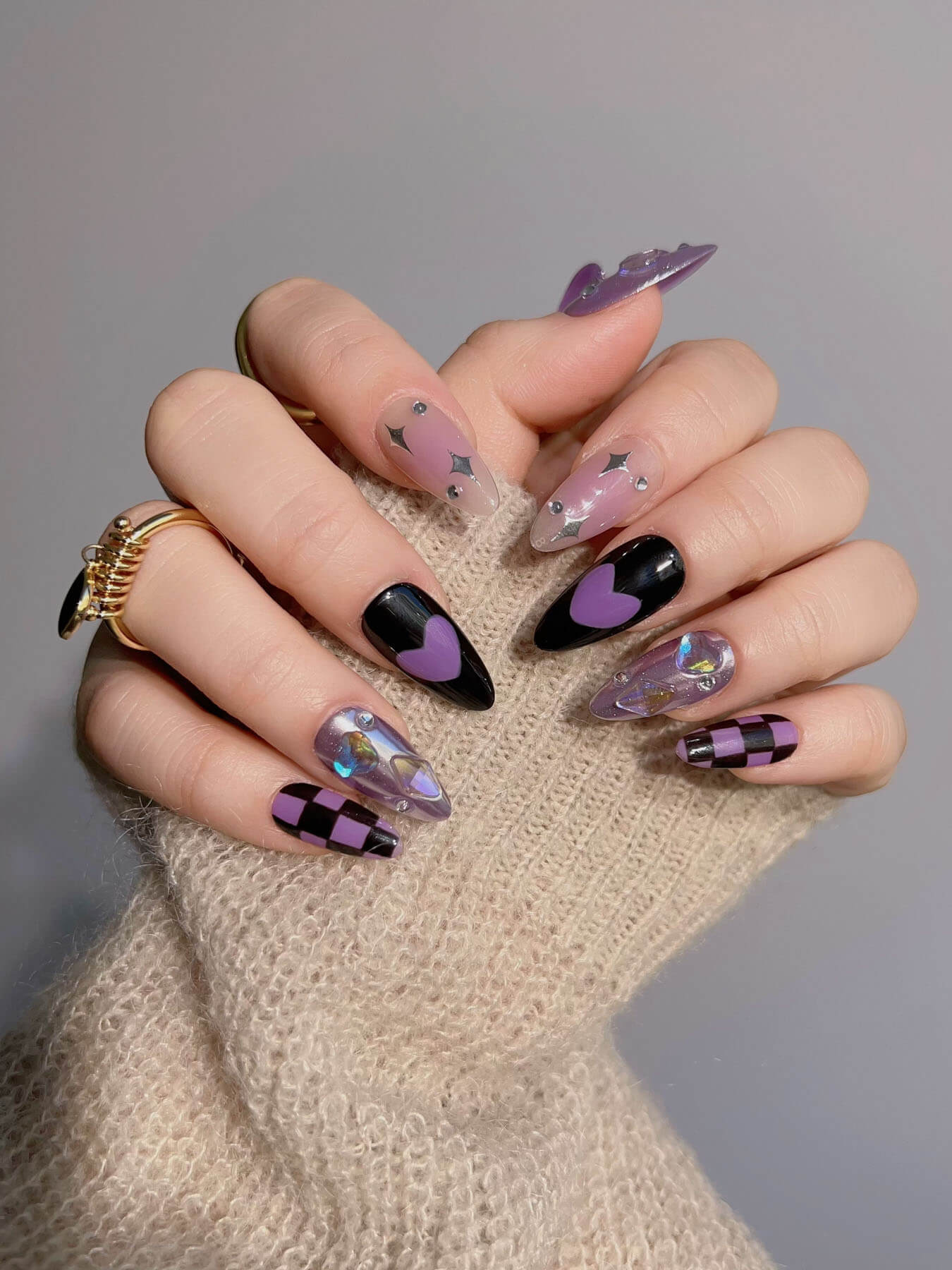 Handmade- black and purple mesh metallic stars and hearts press on nails