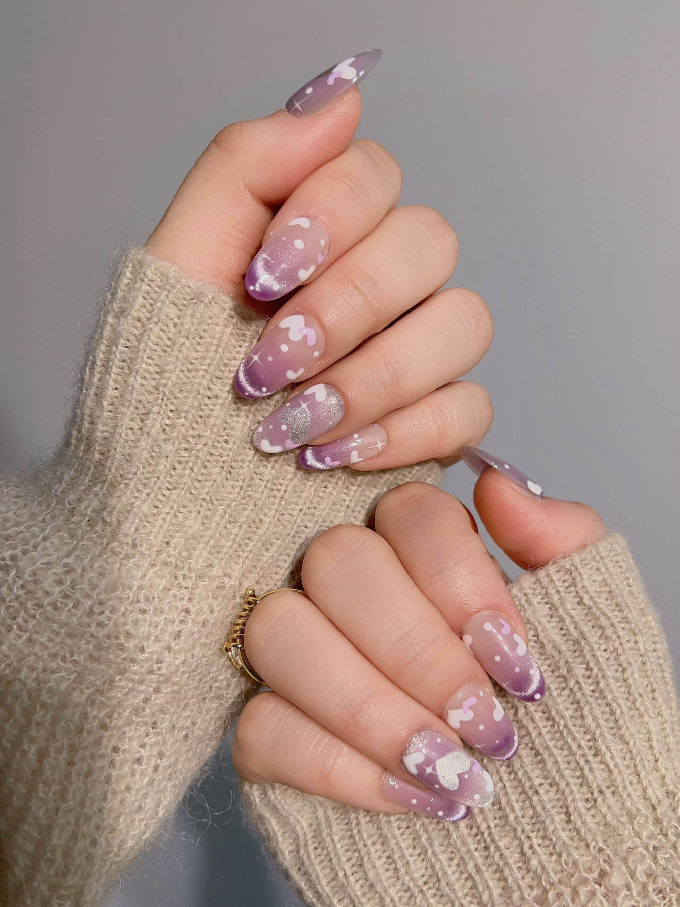 Handmade- Purple White Snowflake Love Heart Gradient Fingertip Cat Eye nails