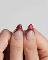 Brocade press-on nails with vintage red baroque styling and metallic bead chain details