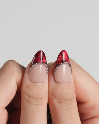 Brocade press-on nails with vintage red baroque styling and metallic bead chain details