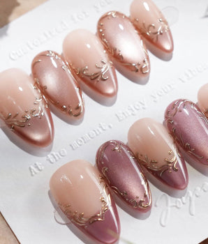 Caramel Petal handmade press-on nails featuring rose chrome french tips nude base gold baroque detailing