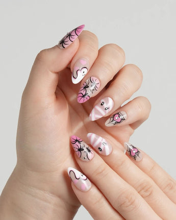 Boo Barbie press-on nails — Pink White Halloween, Ghost Pumpkin Mummy. handmade nail art by Joyee Nails
