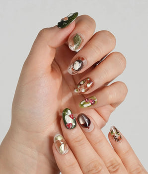 Autumn Tales short oval press-on nails with hedgehog, mushroom and autumn forest nail art