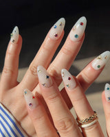 Sicily nails press-on nails — milky white colorful rhinestone nails handmade nail art by Joyee Nails
