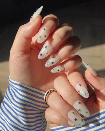Sicily nails press-on nails — milky white colorful rhinestone nails handmade nail art by Joyee Nails