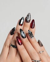 Dark Fairytale press-on nail set — Black Red Gothic, 3D Rose Cross. design, hand-painted with real gel polish