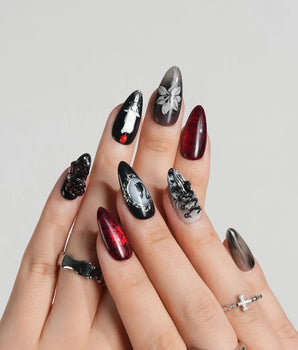 Dark Fairytale press-on nail set — Black Red Gothic, 3D Rose Cross. design, hand-painted with real gel polish