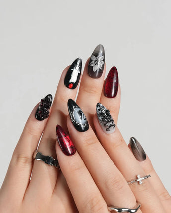 Dark Fairytale press-on nail set — Black Red Gothic, 3D Rose Cross. design, hand-painted with real gel polish