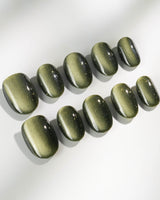 Alga press-on nail set — Deep Dark Green, Cat Eye Glossy Effect. design, hand-painted with real gel polish