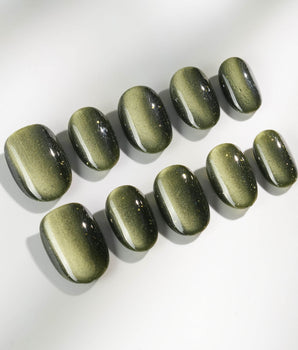 Alga press-on nail set — Deep Dark Green, Cat Eye Glossy Effect. design, hand-painted with real gel polish